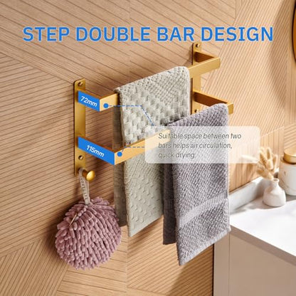 16 Inch Double Towel Bar for Bathroom with Hooks Stainless Steel Bath Towel Rack Wall Mounted Gold Finished - color: Gold, size: 16-Inch