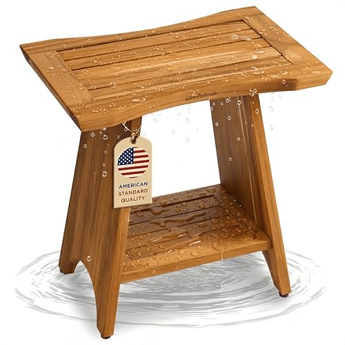 Premium 18" Teak Wood Shower Bench with Shelf - 2 Tier, Straight | Waterproof Teak Shower Stool, Non-Slip Feet for Enhanced Safety, Spa Bath Seat for Bathroom, Indoor & Outdoor, 300lb Capacity - color: Upgrade 18" 2-tier, Straight