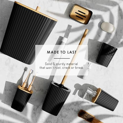 Clara Clark Black Bathroom Set, Bathroom Sets with Shower Curtain and Rugs | 22 Piece Bathroom Accessories Set with Toothbrush Holder, Soap Dispenser, Soap Dish, Toilet Brush, and Bathroom Trash Can - color: Black, size: Complete Set + Bath Rugs