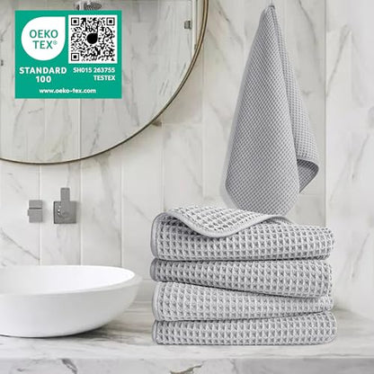 POLYTE 430 GSM Poly Blend Microfiber Quick Dry Waffle Hand Towel, 16x30 in | 4 Pack, Oversize, Lint Free, Quick Dry, Hanging Loop - color: Light Gray