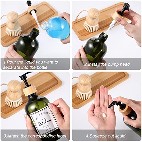 Zopeal 4 Pcs 16 oz Kitchen Soap Dispenser Set with Bamboo Tray and Dish Brush Plastic Soap Dispenser Set with Waterproof Labels for Hand Dish Lotion(Green) - color: Green