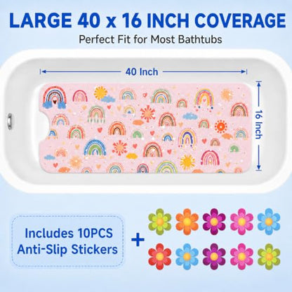 Cinrobiye Bath Mat for Tub Non Slip, 40 x 16 Inch Boho Rainbow Bathtub Shower Mat with Suction Cups and Drain Holes, Waterproof Machine Washable Bathroom Mat - color: Rainbow