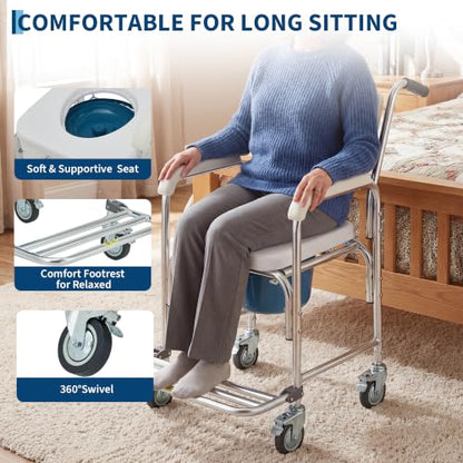 Bedside Commode Chair with Wheels, 350 lb Capacity, 4-in-1 Rolling Shower Chair, Portable Commode Toilet, Raised Toilet Seat with Padded Seat, Backrest & Flip-Up Footrest, Detachable 5L Bucket - size: Commode Chair with Wheels