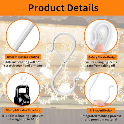12 PCS S Hooks for Hanging with Safety Buckle, Heavy Duty Metal S Hooks | 3.5 inch S Shaped Hanger Hooks for Hanging Kitchen Utensil, Cups Pots Pan Closet Plants Purse Bags Hats (White) - color: White