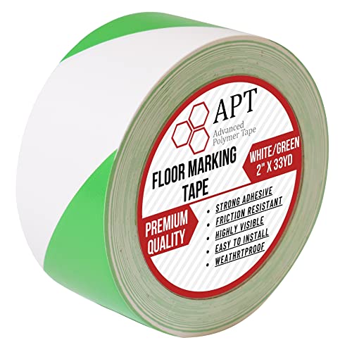 APT Premium White and Green Striped Vinyl Floor Safety Marking Tape, Excellent for Hazard Caution& Warning, Social Distancing, Warehouse & Gym Floor (2 Inch x 108 ft) - color: White / Green, size: 2 Inch, 1 Roll