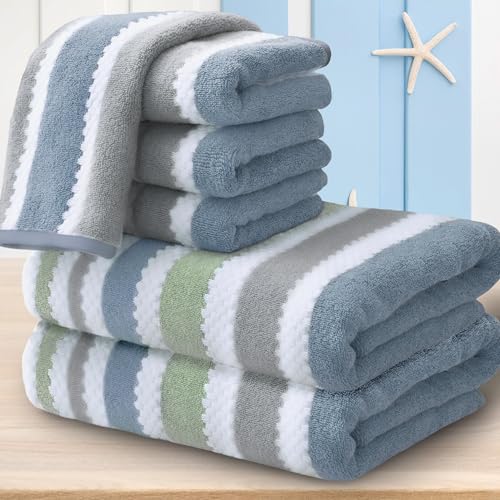 Waffle Towels for Bathroom - Quick Dry | Thick | Lightweight | 500GSM, 2 Bath 28"x52", 4 Hand 16"x27", Cotton Polyester Blend Towels, Shower Towel with Hanging Loops, Navy Grey Green Stripe and White - color: Navy+gray+green+white, size: 6 PCS Towel Set
