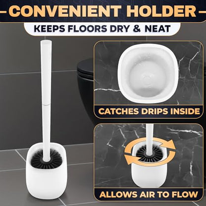 Toilet Bowl Brush and Holder, Silicone and Plastic (White) | Compact Toilet Brush, Easy to Place and Simple to Store After Use, Strong Rubber Plunger & Stiff Bristle Brush - color: White