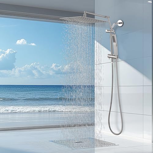 All Metal 10 Inch Rain Shower Head with Handheld Spray Combo, High Pressure Waterfall Rainfall Square Shower Heads with 16" Adjustable Extension Arm, Dual Showerhead with 3-Way Diverter,Brushed Nickel - color: Brushed Nickel, size: 10 Inch