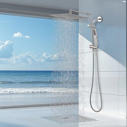 All Metal 10 Inch Rain Shower Head with Handheld Spray Combo, High Pressure Waterfall Rainfall Square Shower Heads with 16" Adjustable Extension Arm, Dual Showerhead with 3-Way Diverter,Brushed Nickel - color: Brushed Nickel, size: 10 Inch
