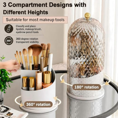 Makeup Brush Holder with Lid,360 Rotating Makeup Organizer | Makeup Brush Organizer with Diamond Pattern,Waterproof,Dustproof,Easy-Clean for Desk,Bathroom Countertop,Vanity,Travel,White