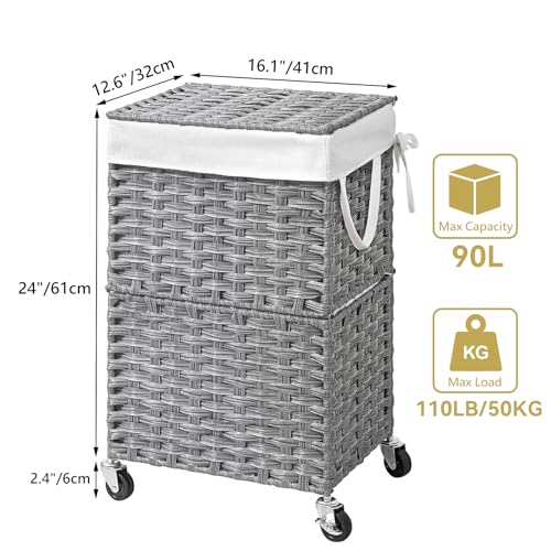Chrislley Wicker Laundry Basket with Wheels,Rolling Laundry Hamper with Lid | 90L Slim Clothes Hamper with Wheels & Removable Liner Bag, Handwoven Rattan Laundry Organizer for Bedroom, Bathroom, Grey - color: Grey