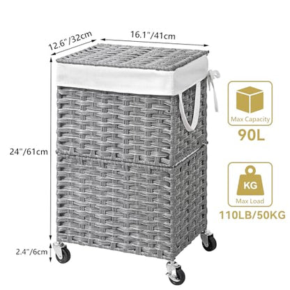 Chrislley Wicker Laundry Basket with Wheels,Rolling Laundry Hamper with Lid | 90L Slim Clothes Hamper with Wheels & Removable Liner Bag, Handwoven Rattan Laundry Organizer for Bedroom, Bathroom, Grey - color: Grey