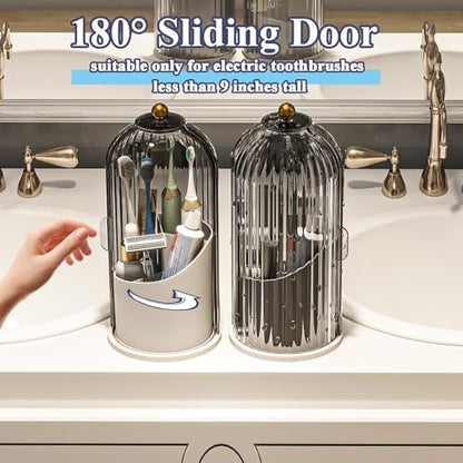 Toothbrush and Toothpaste Holders with Cover, Grey White | Waterproof and Dustproof, 360° Rotating Base, Smooth Sliding Door, 3 Slots, for Bathroom Countertop - color: Grey White