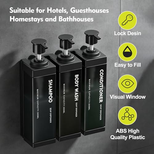 3 Chamber Wall Mount Shampoo and Conditioner Dispenser | 17oz Per Chamber Key Lock Large Pump Refillable ABS Bottle Set For Bathroom Hotel Gym RV Daily Use Black ADS-315C - color: Black, size: 3