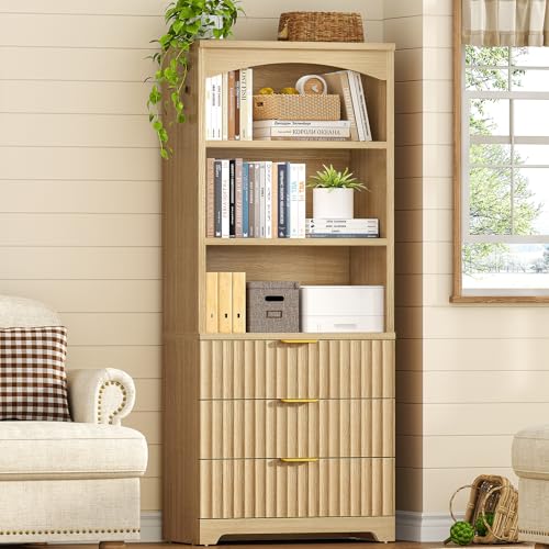 63.3" Tall Bookshelf, Bookshelves and Bookcases with Drawers, Arched Design Bookcase with Storage Cabinet, Natural Wood Grain Wave Pattern Storage Shelves for Living Room, Bedroom,Office - color: Brown