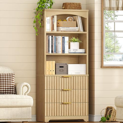 63.3" Tall Bookshelf, Bookshelves and Bookcases with Drawers, Arched Design Bookcase with Storage Cabinet, Natural Wood Grain Wave Pattern Storage Shelves for Living Room, Bedroom,Office - color: Brown