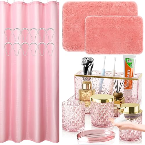 Pink Bathroom Accessories Set - 20PCS Glass Bathroom Set with Shower Curtain and Rugs, Soap Dispenser, Soap Dish, Cup, Qtip Jar, Toothbrush Holder, Stylish & Functional Bath Decor for Home, Apartment - color: Pink Bathroom Set