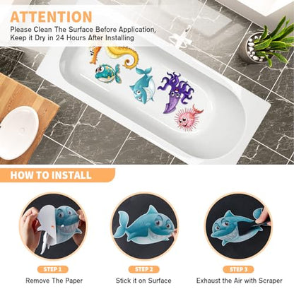 Non Slip Bathtub Stickers, 12 PCS Cute Sea Creature Shower Stickers for Kids Bathtub, Bathtub Non Slip Stickers and Adhesive Decals Scraper for Safety Bathroom Tubs, Shower Floor, Stairs