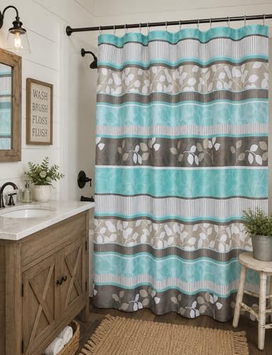 Serafina Home Hotel Quality Fabric Bathroom Shower Curtain: Striped Floral - Teal, Blue, Brown, Beige and White (72 x 70 inches) - color: Striped
