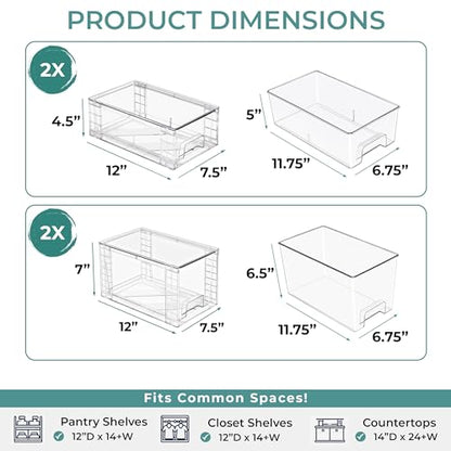 Sorbus Stackable Clear Storage Drawers, 4 Pack (2 Medium + 2 Small) Pull-Out Organizer Bins – Plastic Drawer Organizers for Bathroom, Vanity, Makeup, Under Sink & Countertop Organization - size: 2 Small + 2 Medium