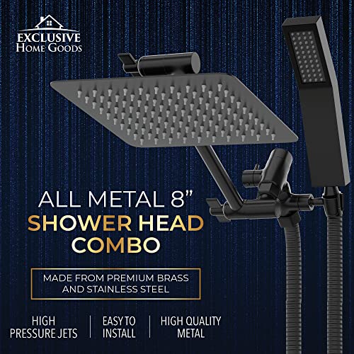 All Metal Shower Head 8" Dual Square Shower Head With Handheld Wand 71in Hose Set, High Pressure Rain Shower Heads Combo, 3-Way Diverter Rainfall Showerhead with Adjustable Extension Arm - color: Matte Black, size: 8 Inches, 1.8 GPM