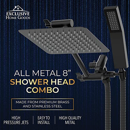 All Metal Shower Head 8" Dual Square Shower Head With Handheld Wand 71in Hose Set, High Pressure Rain Shower Heads Combo, 3-Way Diverter Rainfall Showerhead with Adjustable Extension Arm - color: Matte Black, size: 8 Inches, 1.8 GPM