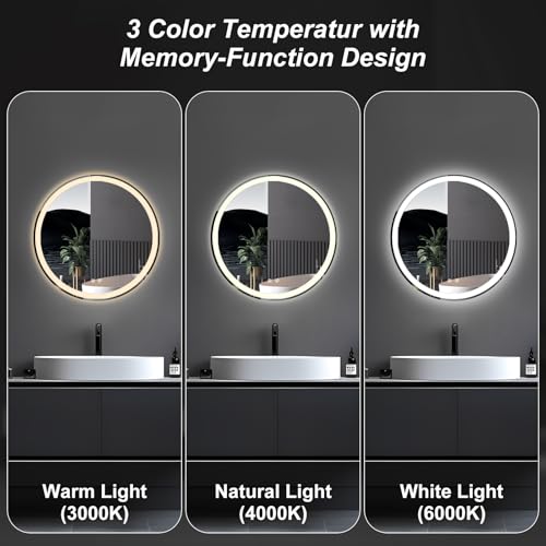 Sweetcrispy 24 Inch Round LED Bathroom Mirror with Lights, Circle Vanity Mirror with Anti-Fog, Dimmable, 3-Color Light, Memory Function, Tempered Glass