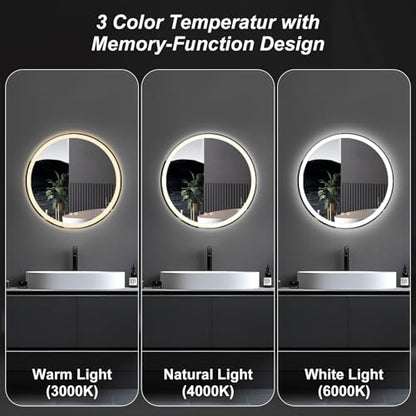 Sweetcrispy 24 Inch Round LED Bathroom Mirror with Lights, Circle Vanity Mirror with Anti-Fog, Dimmable, 3-Color Light, Memory Function, Tempered Glass