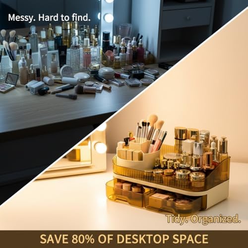 Makeup Organizer Countertop with Dual Drawers | Plastic, Vanity Bathroom Desk, 360° Rotating, Easy Clean, Cosmetic Skincare - color: brown