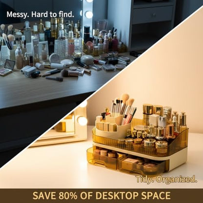 Makeup Organizer Countertop with Dual Drawers | Plastic, Vanity Bathroom Desk, 360° Rotating, Easy Clean, Cosmetic Skincare - color: brown
