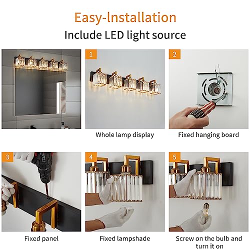 Modern Bathroom Vanity Light 5-Lights Black Gold Crystal Wall Lamp Bathroom Modern Crystal Vanity Lighting - color: Black+Gold Crooked, size: 5-light