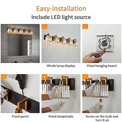 Modern Bathroom Vanity Light 5-Lights Black Gold Crystal Wall Lamp Bathroom Modern Crystal Vanity Lighting - color: Black+Gold Crooked, size: 5-light
