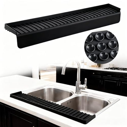 Silicone Sink Edge Protector Splash Guard,Sink Granite Edge Protector,30x4 Inch with Suction Cups & 5°Tilt, Cuttable for Kitchen Bathroom Countertops, Granite Quartz Surfaces (Black)
