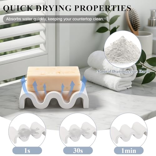 Diatomite Soap Dish Bar Soap Holder Wave Texture Sponge Tray, White | Quick Drying, Self Draining Design Helps Keep Bar Soap Dry for Bathroom Sink, Shower & Kitchen - color: White
