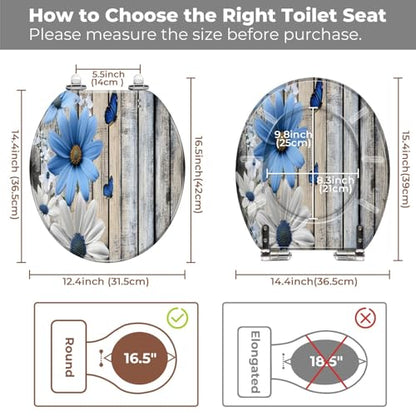 Round Resin Toilet Seat, Quietly Close Quick Release Hinges Cover | Toilet Lid Cover Easy to Clean and Install, Flower Shower Daisy Wild Rustic Floral Blue Flowers White Heavy Duty Toilet Seat - color: pattern8, size: O-shape