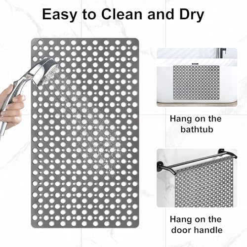 Bathtub Mat Non Slip: 30x17 inch Soft TPE Shower Mat with Suction Cups and Drain Holes, Efficient Drainage Anti Slip Shower Mats for Inside Shower, Easy to Dry&Cut, Machine Washable - color: Grey, size: 30" x 17" (Rectangular)