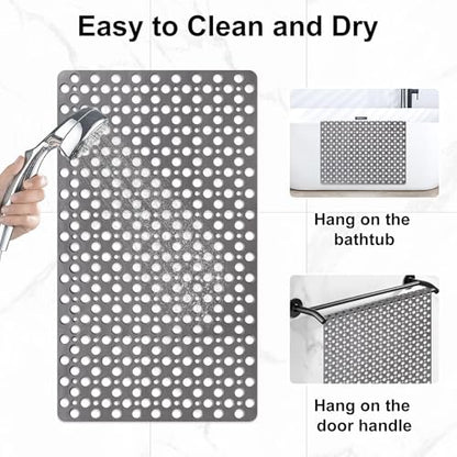 Bathtub Mat Non Slip: 30x17 inch Soft TPE Shower Mat with Suction Cups and Drain Holes, Efficient Drainage Anti Slip Shower Mats for Inside Shower, Easy to Dry&Cut, Machine Washable - color: Grey, size: 30" x 17" (Rectangular)