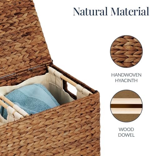 Best Choice Products Large Double Laundry Hamper with Lid, Natural Handwoven Water Hyacinth, 2 Sections w/ 2 Machine Washable Linen Liner Bags, Portable, Handles - Chestnut - color: Chestnut