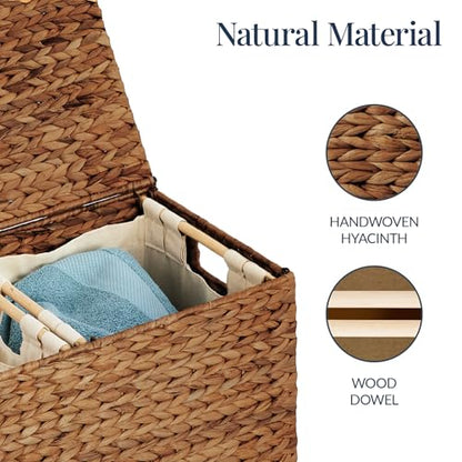Best Choice Products Large Double Laundry Hamper with Lid, Natural Handwoven Water Hyacinth, 2 Sections w/ 2 Machine Washable Linen Liner Bags, Portable, Handles - Chestnut - color: Chestnut