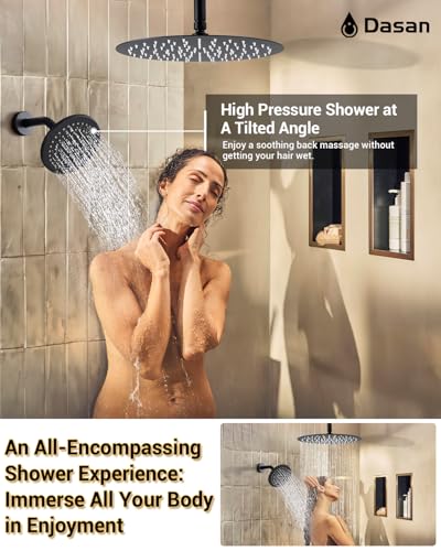 Dasan Rainfall Full Body Shower Faucet System with 12'' Round Shower & 6'' Shower Head,Matte Black Dual Shower Head Faucets Set with Handheld & Valve, Double Shower Head System for Couples/ 2-Person - color: Matte Black