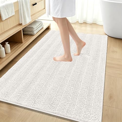 OLANLY Thick Large Bathroom Rugs 59x35, Soft Chenille Bath Rugs, Ivory | Absorbent Striped, Rubber Backing, Machine Wash Dry, Bath Mats for Bathroom Floor, Tub and Shower, Home Decor Accessories - color: Ivory, size: 59" X 35"