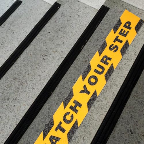 Artibetter Non-slip Adhesive Safety Grip Tape for Stairs and Bathroom Floors, Anti-skid High-visibility Printed Floor Tape with “watch Your Step” Warning, Waterproof Roll for Indoor