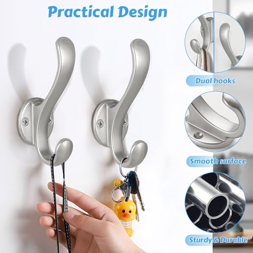 6 Pack Coat Hooks Wall Mount Heavy Duty Utility Retro Double Hooks for Hanging Coats,Hat, Towel, Key, Robe, Scarf, Bag, Cap (Silver) - color: 6 Pack-Silver