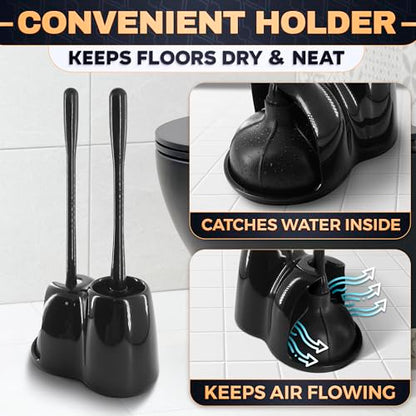 Toilet Brush and Plunger Set, Rubber, 15.2 Inch (Black) | Toilet Bowl Brush, Holder and Plunger, Easy to Place and Simple to Store After Use, Compact Accessory for Small Spaces - color: Black With Plunger