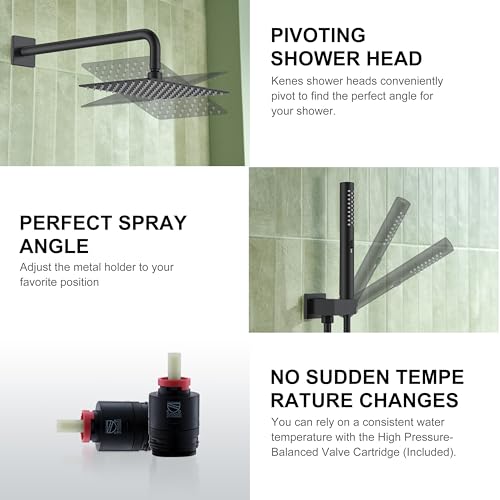 KENES Matte Black Rainfall Bathroom Shower System Rain Shower Head and Handle Set, Shower Faucet Set with 10-Inch Rain Showerhead and Handheld Spray, (Shower Valve Included), LJ-6026A-2 - color: Matte Black, style: Showerhead and Handheld