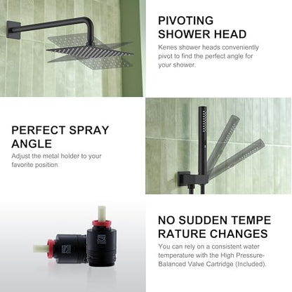 KENES Matte Black Rainfall Bathroom Shower System Rain Shower Head and Handle Set, Shower Faucet Set with 10-Inch Rain Showerhead and Handheld Spray, (Shower Valve Included), LJ-6026A-2 - color: Matte Black, style: Showerhead and Handheld