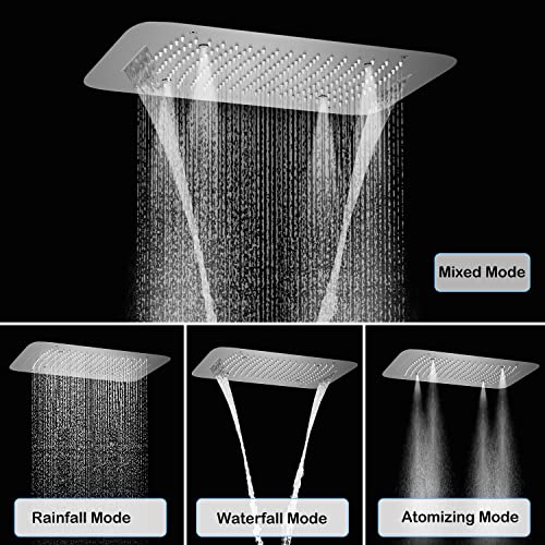Brushed Nickel Shower Faucet System 16 X 24" 3 Functions Waterfall Mist Rainfall Ceiling Shower Head Thermostatic Full Body Shower Faucet Set Complete With Handheld And Shower Body Jet Spray - color: Brushed Nickel