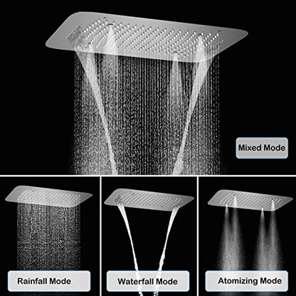 Brushed Nickel Shower Faucet System 16 X 24" 3 Functions Waterfall Mist Rainfall Ceiling Shower Head Thermostatic Full Body Shower Faucet Set Complete With Handheld And Shower Body Jet Spray - color: Brushed Nickel