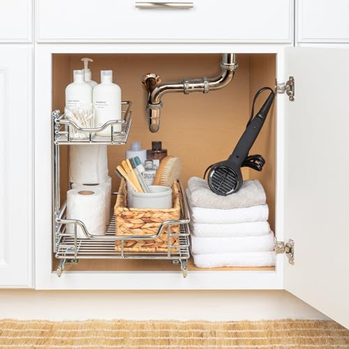 Household Essentials Glidez 2‑Tier Multipurpose Chrome‑Plated Steel Pull‑Out/Slide‑Out Under Sink Organizer, Chrome Finish - size: 12.25" - Standard, style: Undersink
