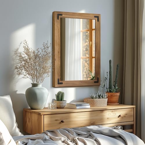 Wood Framed Bathroom Vanity Mirror for Wall, 20"x28" Farmhouse Mirror | Solid Wood Frame, HD Shatterproof Glass, Vertical/Horizontal Hanging, Ideal for Bathroom, Living Room, Bedroom - size: 28"L x 20"W